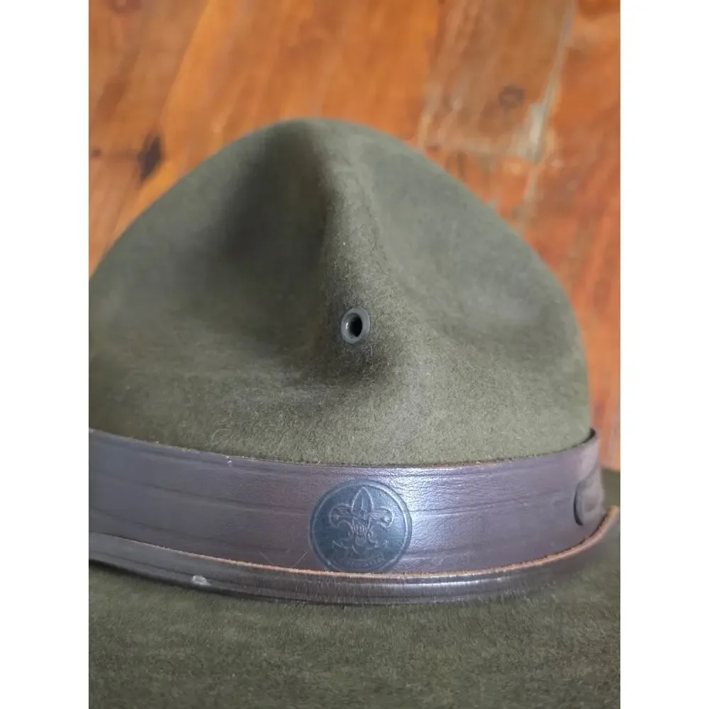 1970 Boy Scouts America BSA Campaign Hat 7 3/8 Drab Olive Champ Chin Strap